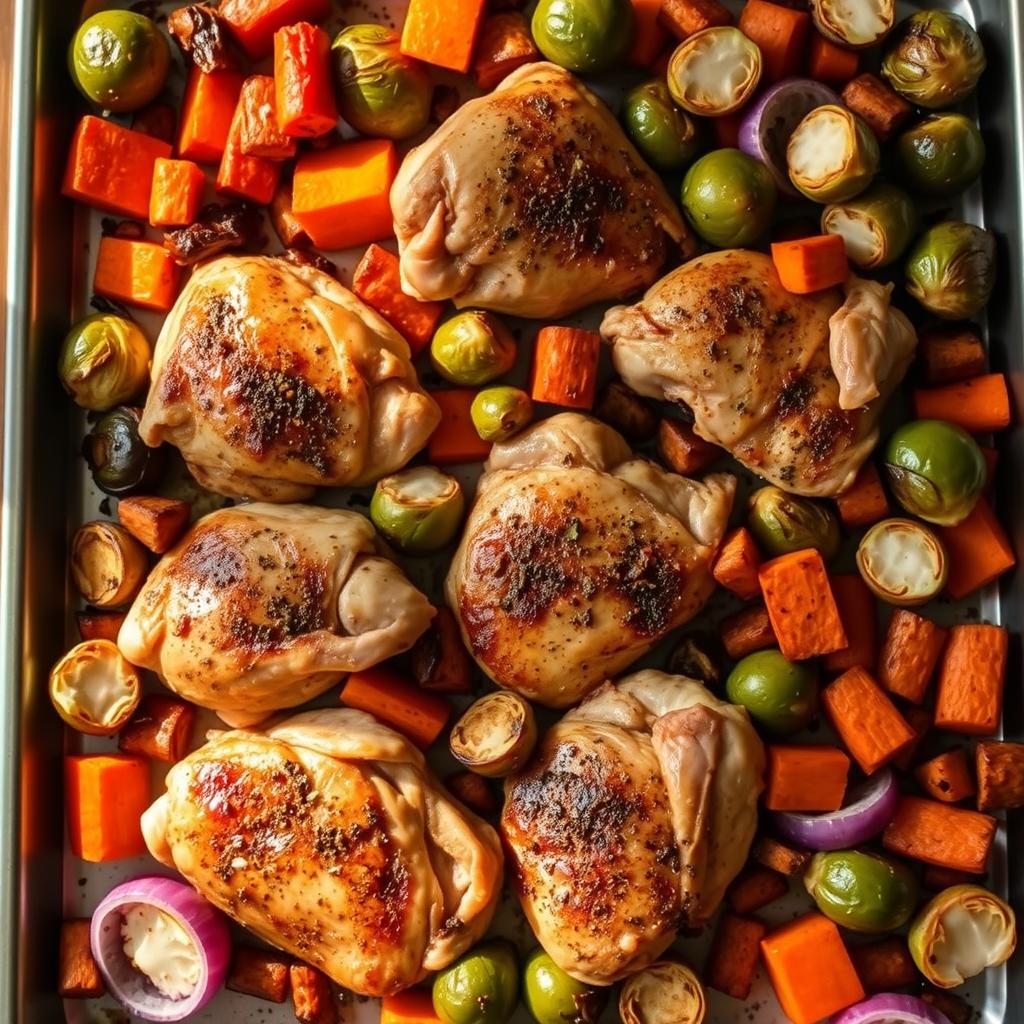 A beautifully arranged sheet pan filled with juicy chicken thighs and a variety of colorful roasted vegetables, including Brussels sprouts, baby carrots, and red onion. The chicken is seasoned to perfection with a blend of herbs and spices, creating a savory aroma that fills the air. The vegetables are caramelized around the edges, adding a delightful crunch and depth of flavor. Warm, golden light bathes the scene, creating a cozy and inviting atmosphere. The image is captured from a slightly elevated angle, showcasing the one-dish wonder and its effortless elegance.