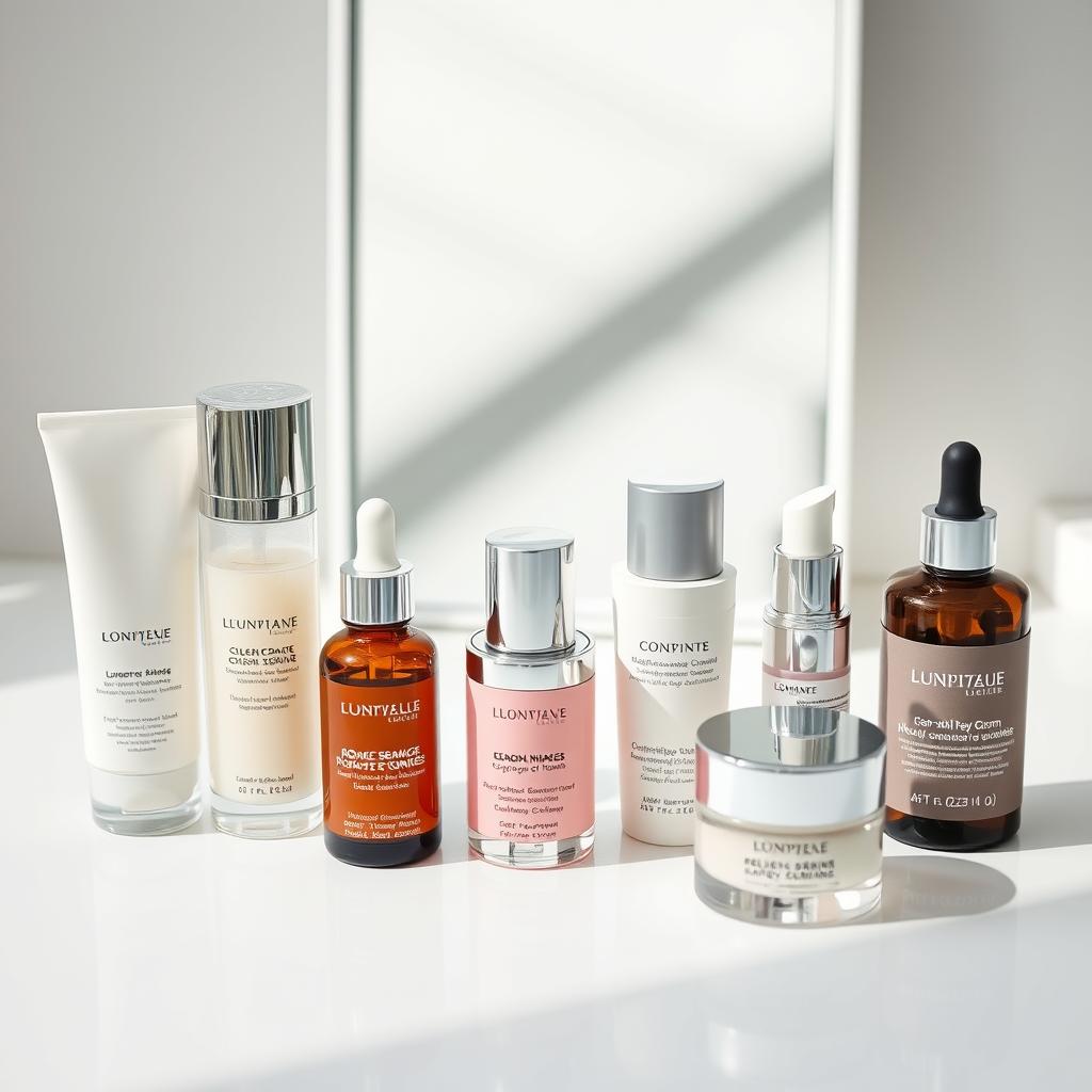 A beautifully lit beauty flatlay showcasing the key steps of a comprehensive skincare routine. In the foreground, a clean white table surface displays an array of high-end skincare products - a luxurious cleanser, a radiance-boosting serum, a nourishing moisturizer, and a soothing eye cream. The mid-ground features a minimalist mirror reflecting the products, creating a sense of depth. The background is softly blurred, with a muted color palette evoking a serene, spa-like ambiance. Careful arrangement and natural lighting highlight the sleek, modern packaging and high-quality formulas, conveying an air of professionalism and efficacy. This image visually communicates the scientific expertise and dermatological insight behind achieving healthy, glowing skin.