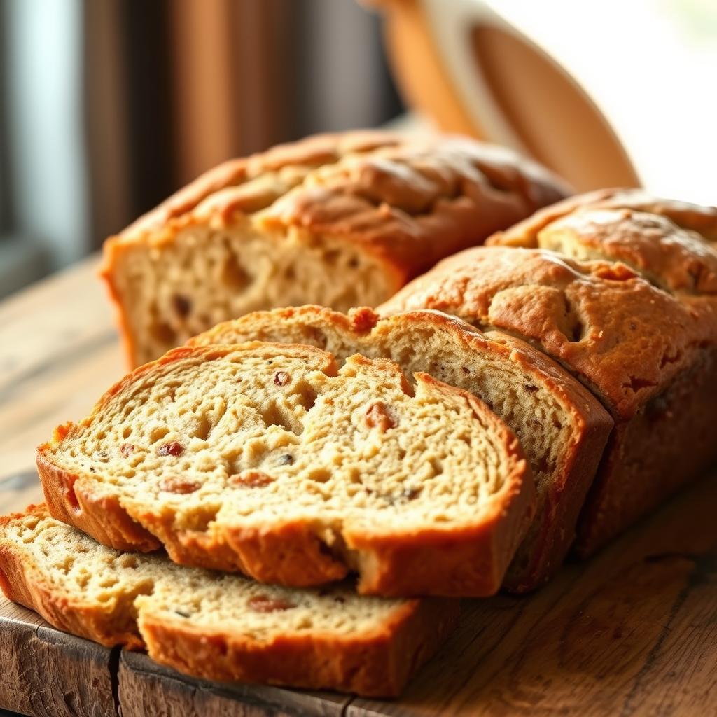 A beautifully lit, high-resolution photograph of a freshly baked banana bread, showcased on a rustic wooden table. The loaf is golden-brown in color, with a soft, moist texture and a delicate crumb. Slices of the bread are arranged artfully, revealing the mouthwatering interior with visible pieces of ripe banana and a hint of cinnamon. The image has a warm, inviting atmosphere, with natural lighting filtering through a window, casting a soft glow on the scene. The overall composition emphasizes the step-by-step process of baking, highlighting the end result of this delicious, sugar-free banana bread recipe.