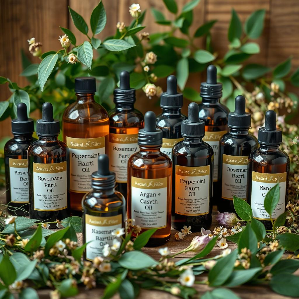 A beautifully styled still life arrangement featuring an assortment of natural hair growth oil blends. The foreground showcases various dark glass bottles and jars filled with rich, golden-hued elixirs, their labels showcasing enticing names like "Rosemary & Peppermint" and "Argan & Castor." Surrounding the bottles are lush, green leaves and delicate wildflowers, creating a serene, earthy atmosphere. Soft, directional lighting gently illuminates the scene, highlighting the natural textures and colors. The middle ground features several open bottles, revealing the viscous, nourishing oils within. In the background, a wooden surface or rustic backdrop provides a warm, organic foundation for the composition. The overall mood is one of natural wellness, highlighting the powerful properties of these carefully blended hair growth oil formulas.