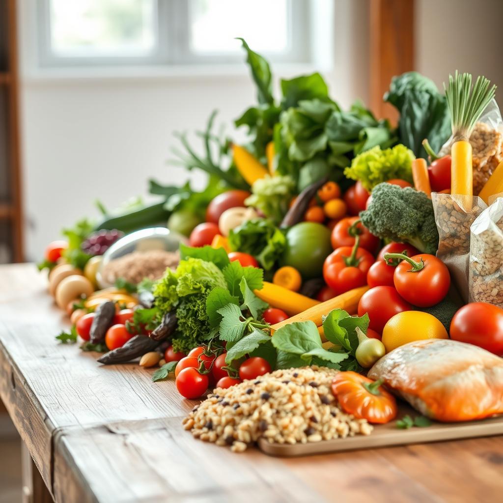 A bountiful assortment of fresh, colorful produce artfully arranged on a rustic wooden table, illuminated by soft, natural light filtering through a nearby window. In the foreground, a variety of leafy greens, vibrant vegetables, and juicy fruits form a visually appealing display. In the middle ground, wholesome grains, such as quinoa and brown rice, are presented alongside lean protein sources like grilled chicken or baked salmon. The background features a minimalist, uncluttered setting, allowing the healthy meal options to take center stage and inspire a sense of nourishment and well-being.
