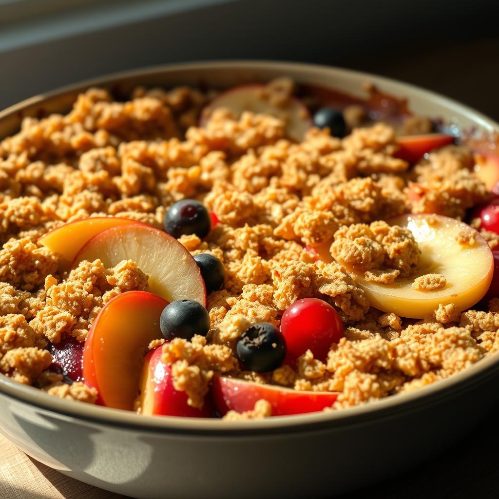 A bountiful fruit crumble, its golden-brown crumb topping beckoning the eye. Juicy slices of ripe, glistening apples, pears, and berries nestled in a shallow baking dish, their vibrant hues contrasting with the rustic, buttery crust. Soft natural lighting casts a warm glow, highlighting the delicate textures and inviting the viewer to savor each bite. The scene exudes a sense of homey comfort and wholesome indulgence, perfect for a guilt-free dessert that celebrates the best of seasonal produce.