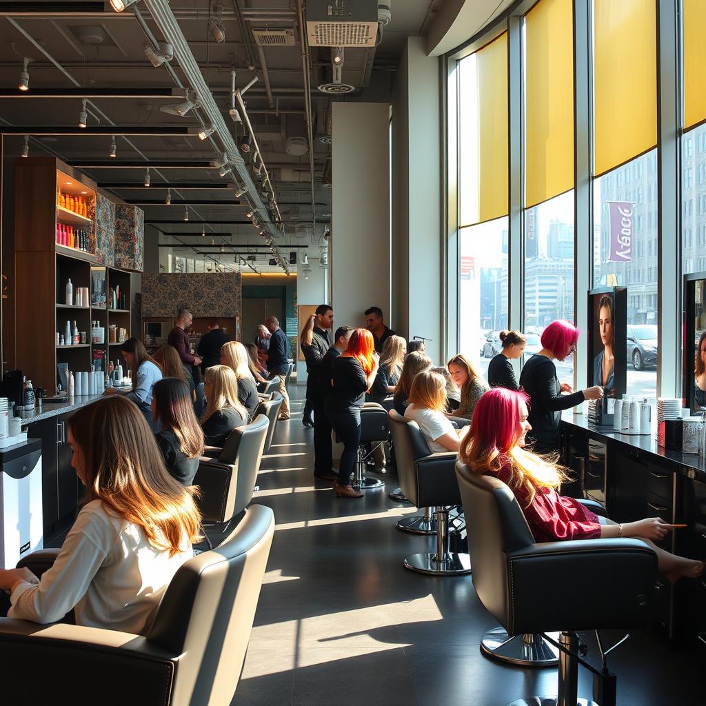 A bustling hair salon on a lively city street, sunlight streaming in through large windows, highlighting the array of stylish haircuts and vibrant hair colors on display. In the foreground, a group of clients relaxing in stylish chairs, their hair being expertly tended to by skilled stylists. The middle ground showcases the salon's modern decor, with sleek styling stations and an array of professional hair care products. In the background, the cityscape is visible, hinting at the salon's convenient location. The overall atmosphere conveys a sense of pampering, sophistication, and community, inviting passersby to step inside and discover the best hair and beauty salon in the neighborhood.