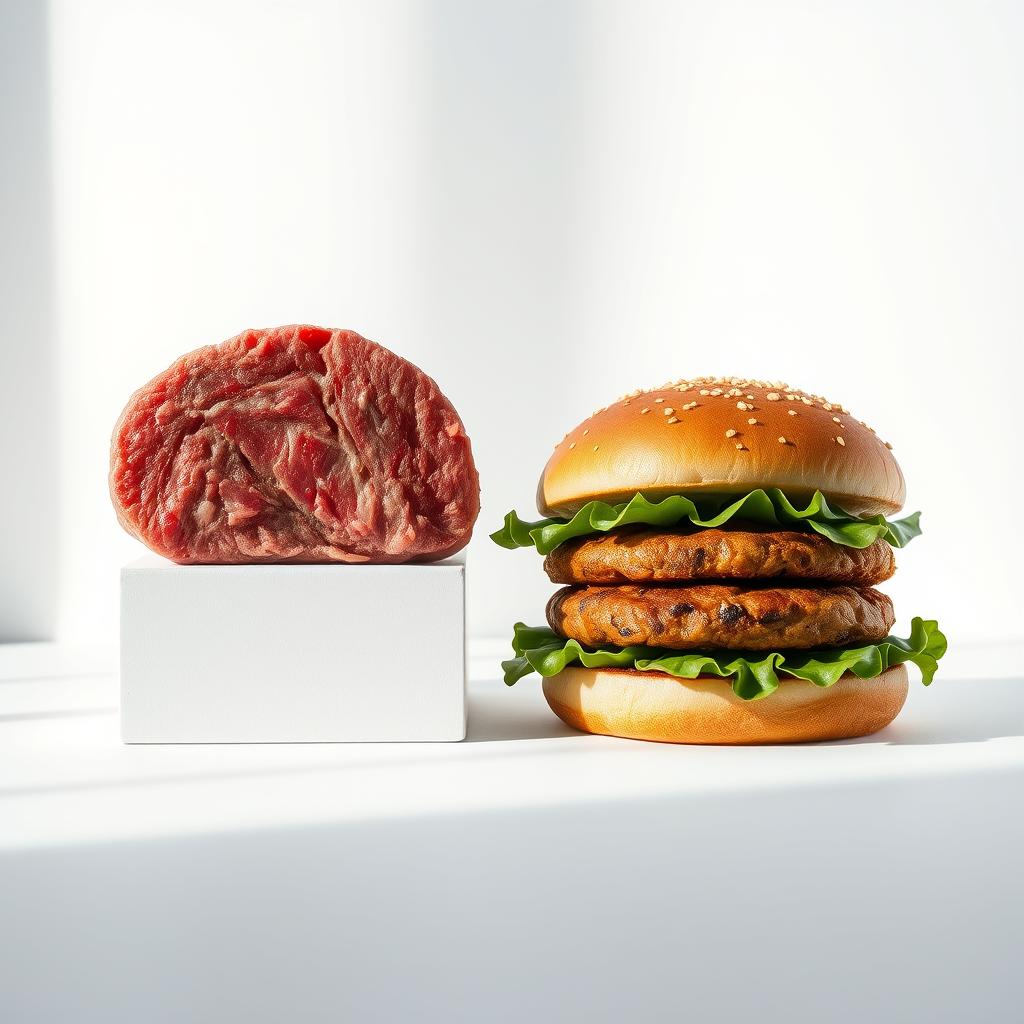 A clean, contemporary still life featuring a juicy beef burger patty on the left and a hearty plant-based burger on the right, set against a minimalist white background. Soft, directional lighting illuminates the textures and colors of the burgers, highlighting the difference in their composition. The beef burger has a rich, reddish-brown hue with visible marbling, while the plant-based burger has a more uniform, earthy tone. Capture the visual contrast between the two, conveying a sense of healthy, balanced options for the modern burger enthusiast.