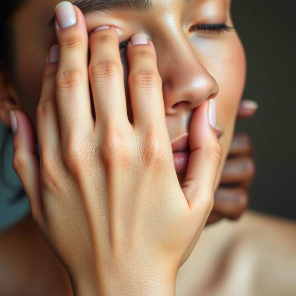 A close-up shot of a hand gently pressing on different sections of a person's skin, revealing the unique characteristics of each skin type. The skin tones range from fair to deep, showcasing a diverse array of complexions. The lighting is soft and diffused, accentuating the subtle textures and tones of the skin. The background is blurred, keeping the focus on the intricate details of the skin. The overall mood is one of exploration and self-discovery, inviting the viewer to closely examine the nuances of their own skin and personalize their skincare routine accordingly.