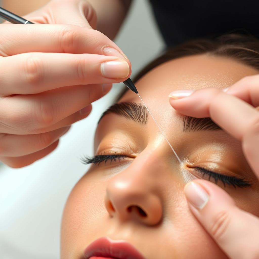 A close-up view of a person's face undergoing precision brow threading, with a skilled technician's hands carefully guiding the thread to shape the eyebrows. The subject's eyes are closed, their expression serene, as the threading process is carried out with meticulous attention to detail. Soft, diffused lighting illuminates the scene, creating a sense of calm and focus. The background is blurred, drawing the viewer's attention to the intricate procedure unfolding on the subject's face. The image captures the expertise and delicacy required for an effective brow threading treatment.