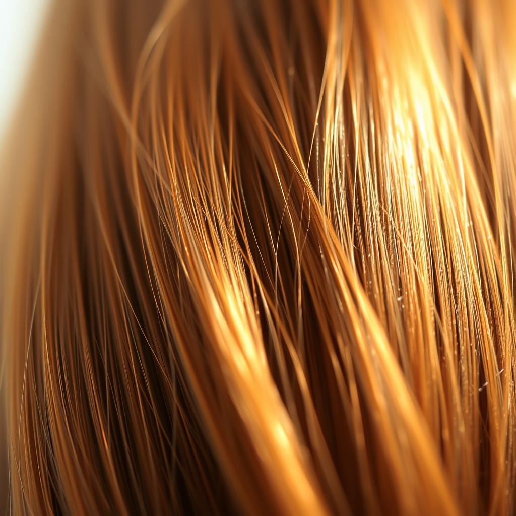 A close-up view of lustrous, healthy-looking hair strands shimmering under a soft, warm lighting. The hair appears smooth, silky, and vibrant, reflecting the light in a way that captures its natural shine and vitality. The background is blurred, keeping the focus solely on the hair's mesmerizing luster. The image conveys a sense of radiance, emphasizing the importance of hair health and the alluring quality of hair that is well-nourished and cared for.