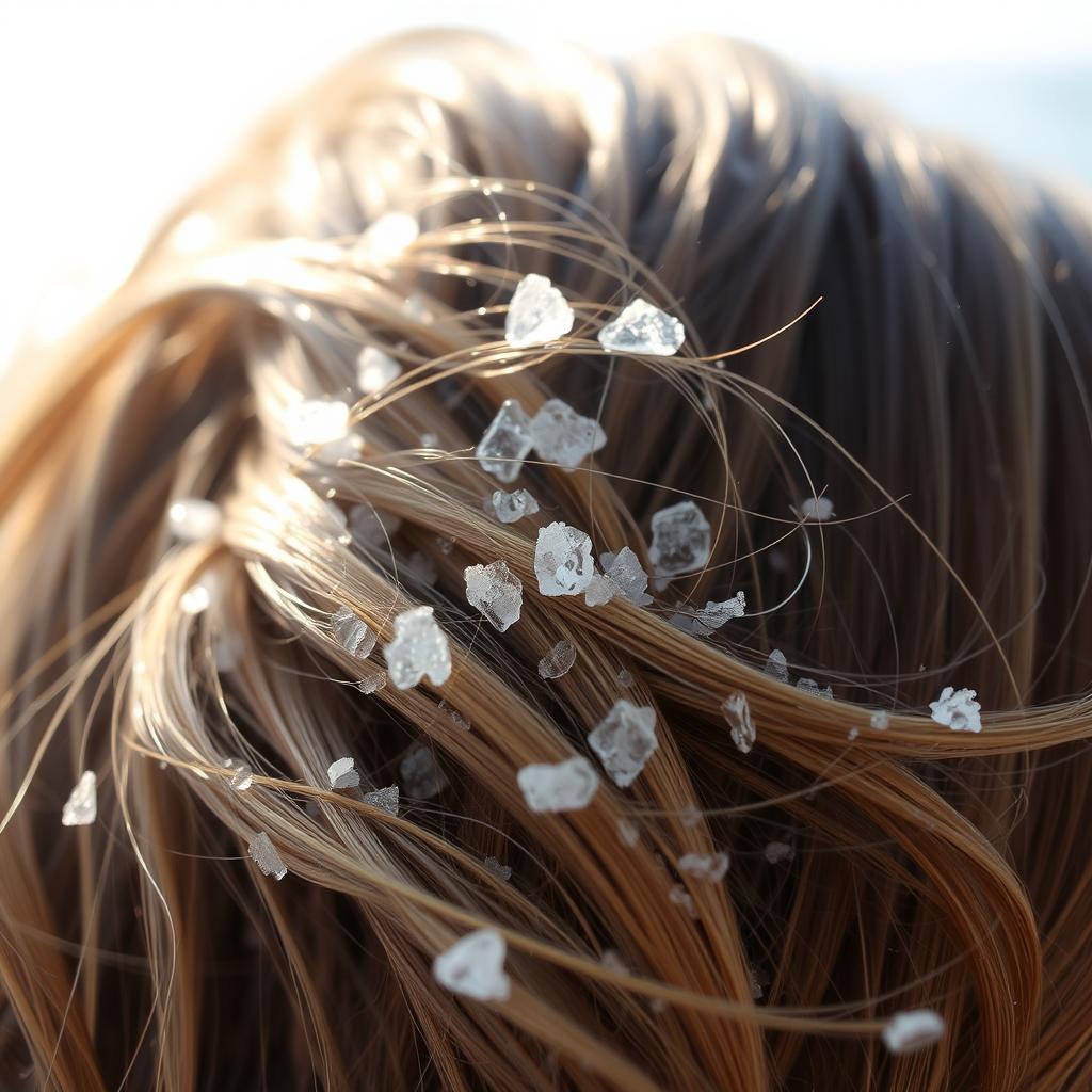 A close-up view of sea salt crystals glistening in the soft, diffused light, creating a textured and voluminous hairstyle. The crystals cling to individual strands, creating a natural, effortless style. The background is a hazy, out-of-focus seascape, evoking the essence of a salty, beach-inspired look. Captured with a macro lens, the image showcases the intricate details and structure of the salt-infused hair, highlighting its ability to add volume and movement.