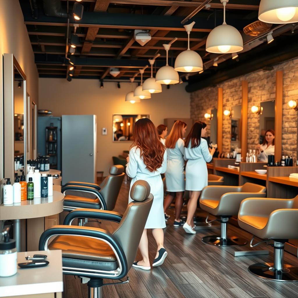 A cozy, well-lit hair salon with a warm and inviting atmosphere. The foreground features a modern styling station with a comfortable hydraulic chair, a selection of professional hair products, and a mirror reflecting the customer's face. In the middle ground, several stylists in crisp white uniforms move gracefully, attending to their clients' tresses. The background showcases a row of salon chairs, soft lighting fixtures, and a calming color palette of earth tones and natural materials like wood and stone. The overall scene conveys a sense of pampering, relaxation, and transformation, perfectly capturing the experience of visiting a high-quality hair salon near the viewer.