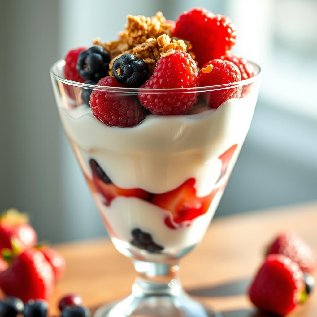 A delectable Greek yogurt parfait, layered with creamy yogurt, juicy berries, and a sprinkle of crunchy granola. The parfait is presented in a clear glass vessel, allowing the vibrant colors and textures to shine. Soft, natural lighting casts a warm glow, highlighting the appealing contrast between the cool, silky yogurt and the vibrant, juicy berries. The image is captured from a slightly elevated angle, giving a clear view of the layers and the overall composition. The mood is fresh, healthy, and inviting, perfectly complementing the article's focus on nourishing desserts that provide energy and balance.