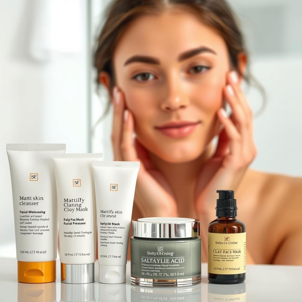 A detailed skincare routine for oily skin. In the foreground, neatly arranged skincare products: a facial cleanser, a mattifying moisturizer, a clay face mask, and a salicylic acid treatment. In the middle ground, a woman's hands gently applying the products to her face, her skin glowing with a healthy, matte finish. The background is a serene, minimalist bathroom setting with soft, diffused lighting, reflecting the calming, spa-like atmosphere. The image conveys a sense of simplicity, effectiveness, and a tailored approach to managing oily skin.