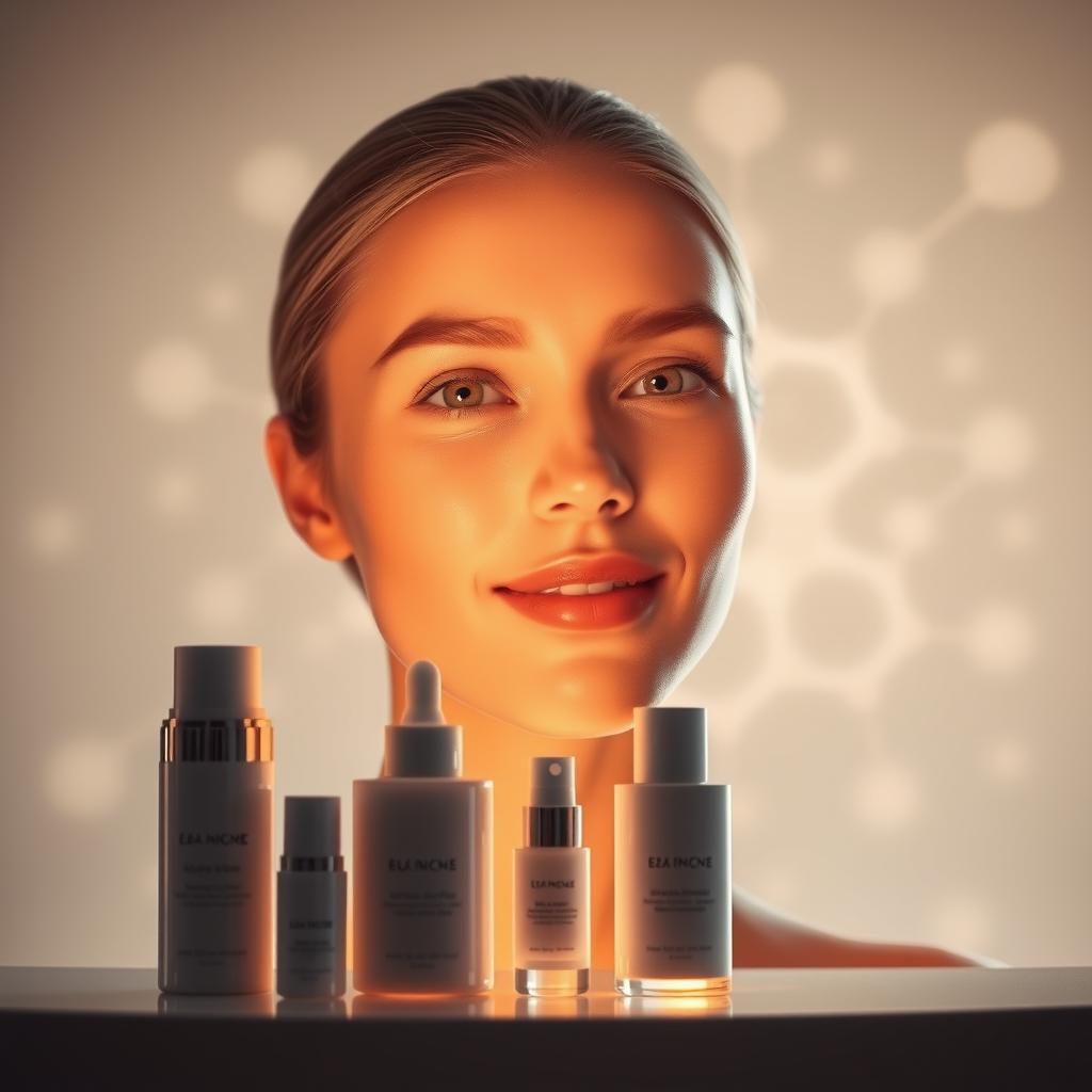 A luminous, radiant skin with a glowing, healthy complexion. In the foreground, a serene, minimalist skincare product display, illuminated by warm, soft lighting that casts a gentle, ethereal glow. The products showcase advanced formulas, their packaging clean and modern. In the middle ground, a transparent, blurred backdrop reveals the intricate, molecular structure of skin cells, highlighting the science behind the radiance. The background is a calm, soothing gradient, evoking a sense of balance, harmony, and the intersection of nature and technology. The overall composition conveys the power of skincare science to unlock the skin's natural luminosity.