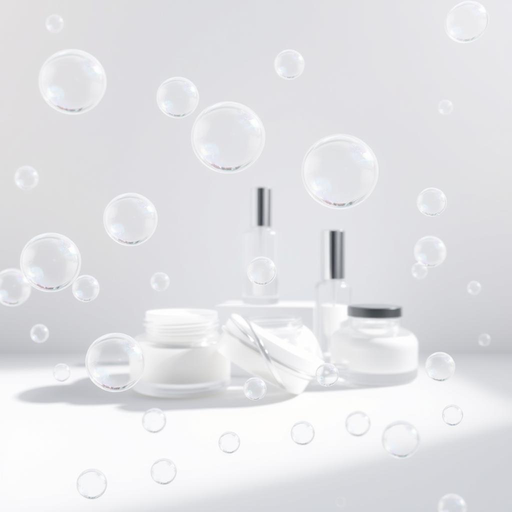 A radiant, effervescent display of bubble-infused skincare products. In the foreground, an array of translucent, iridescent bubbles float effortlessly, each containing a serum, cream, or essence that glimmers with a pearlescent sheen. The middle ground features a sleek, minimalist arrangement of glass jars and bottles, their contents swirling with delicate foam. Soft, diffused lighting bathes the scene, creating a serene, almost dreamlike atmosphere. The background is a clean, pristine backdrop, allowing the bubble-centric skincare to take center stage and captivate the viewer with its innovative, skin-transforming properties.
