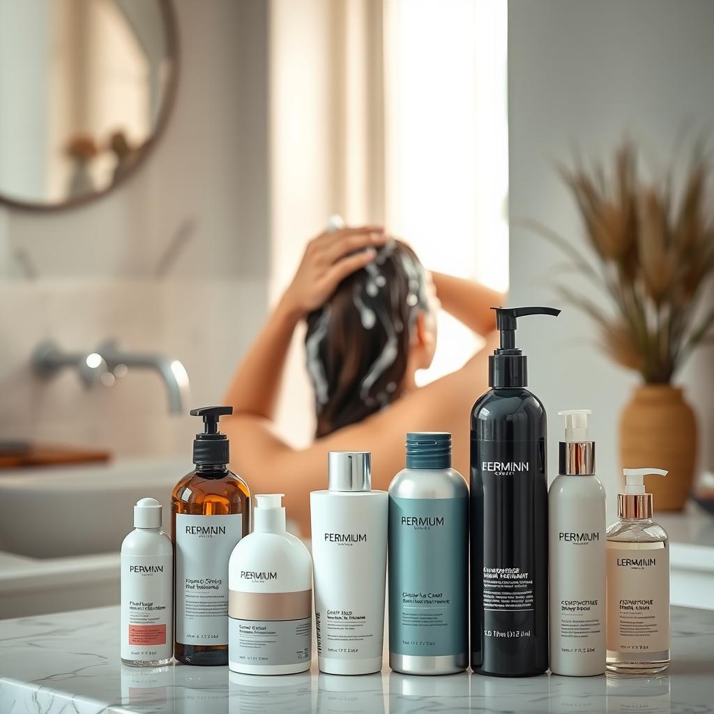 A serene bathroom setting with soft, natural lighting illuminates a woman tenderly washing her hair in the sink. The water cascades gently over her locks, revealing the effective washing technique of massaging the scalp and working the shampoo from roots to ends. In the foreground, an array of premium haircare products - shampoos, conditioners, and hair treatments - are neatly arranged, hinting at the importance of customized, high-quality hair care. The background showcases a zen-like ambiance, with minimalist decor and a tranquil atmosphere, emphasizing the relaxing and restorative nature of this haircare routine.