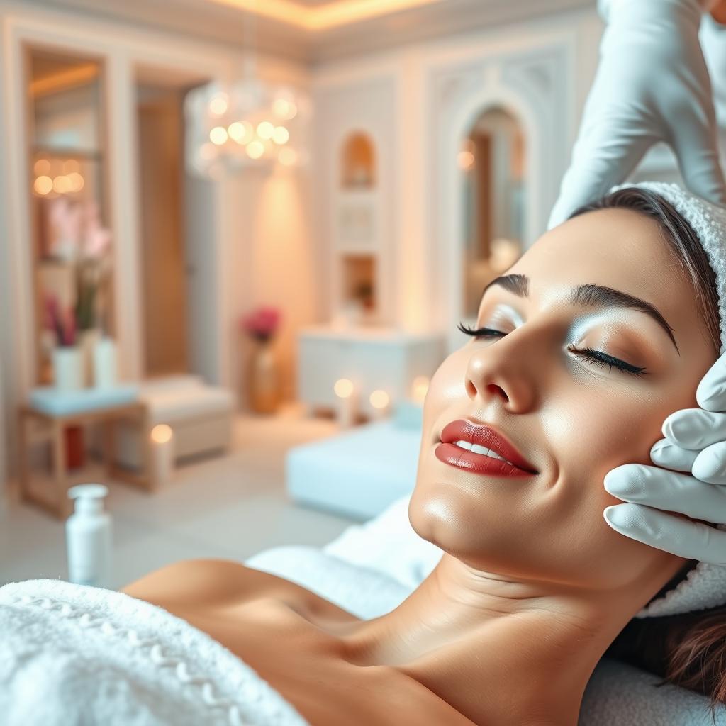 A serene, spa-like setting featuring a glowing, youthful face undergoing a luxurious skin rejuvenation treatment. The foreground showcases a close-up view of the model's radiant complexion, with delicate skin care tools and products artfully arranged nearby. The middle ground reveals a tranquil, softly-lit treatment room with soothing ambient lighting, plush fabrics, and gentle floral accents. The background suggests a high-end, relaxing atmosphere with elegant architectural details and a sense of tranquility. The overall mood is one of indulgence, relaxation, and the promise of renewed, glowing skin.