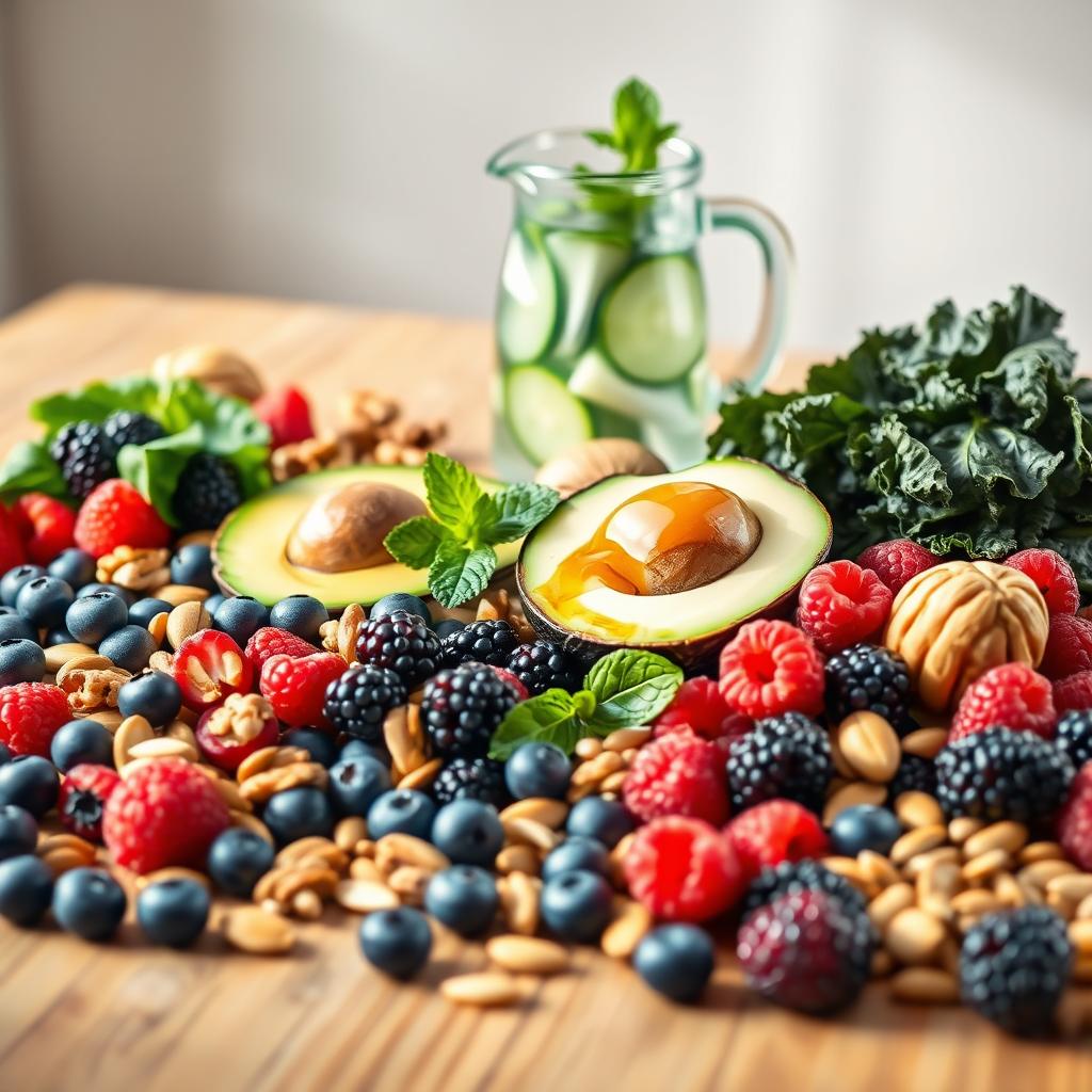 A sumptuous still life featuring a vibrant assortment of skin-nourishing foods arranged on a wooden table, illuminated by soft, natural lighting. In the foreground, an array of colorful berries - juicy blueberries, antioxidant-rich raspberries, and glow-boosting blackberries. Surrounding them, a selection of raw nuts and seeds - omega-3-packed walnuts, selenium-rich Brazil nuts, and skin-brightening pumpkin seeds. In the middle ground, creamy avocado slices, a drizzle of golden honey, and a handful of dark, leafy greens - nutrient-dense spinach and kale. In the background, a glass pitcher filled with refreshing cucumber water, complemented by a sprig of fresh mint. The composition conveys a sense of balance, wholesomeness, and a celebration of nature's best skin-loving ingredients.