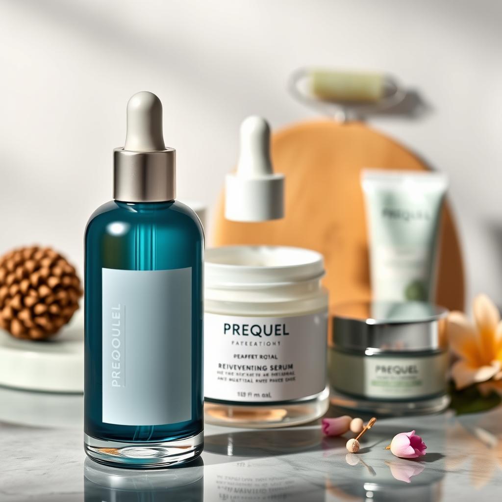 A vibrant arrangement of high-end, eco-friendly Prequel skincare products, meticulously crafted with natural ingredients. In the foreground, a sleek bottle of rejuvenating serum, its label adorned with a minimalist design. Behind it, a luxurious cream jar with a delicate floral motif, radiating a sense of purity and wellness. In the middle ground, a set of facial tools, such as a jade roller and gua sha board, exuding a soothing, spa-like ambiance. In the background, a soft, diffused lighting enhances the products' premium aesthetic, conveying a serene and holistic approach to skincare. The overall composition evokes a sense of modern, elevated self-care, reflecting the Prequel brand's commitment to innovative, eco-conscious formulations.