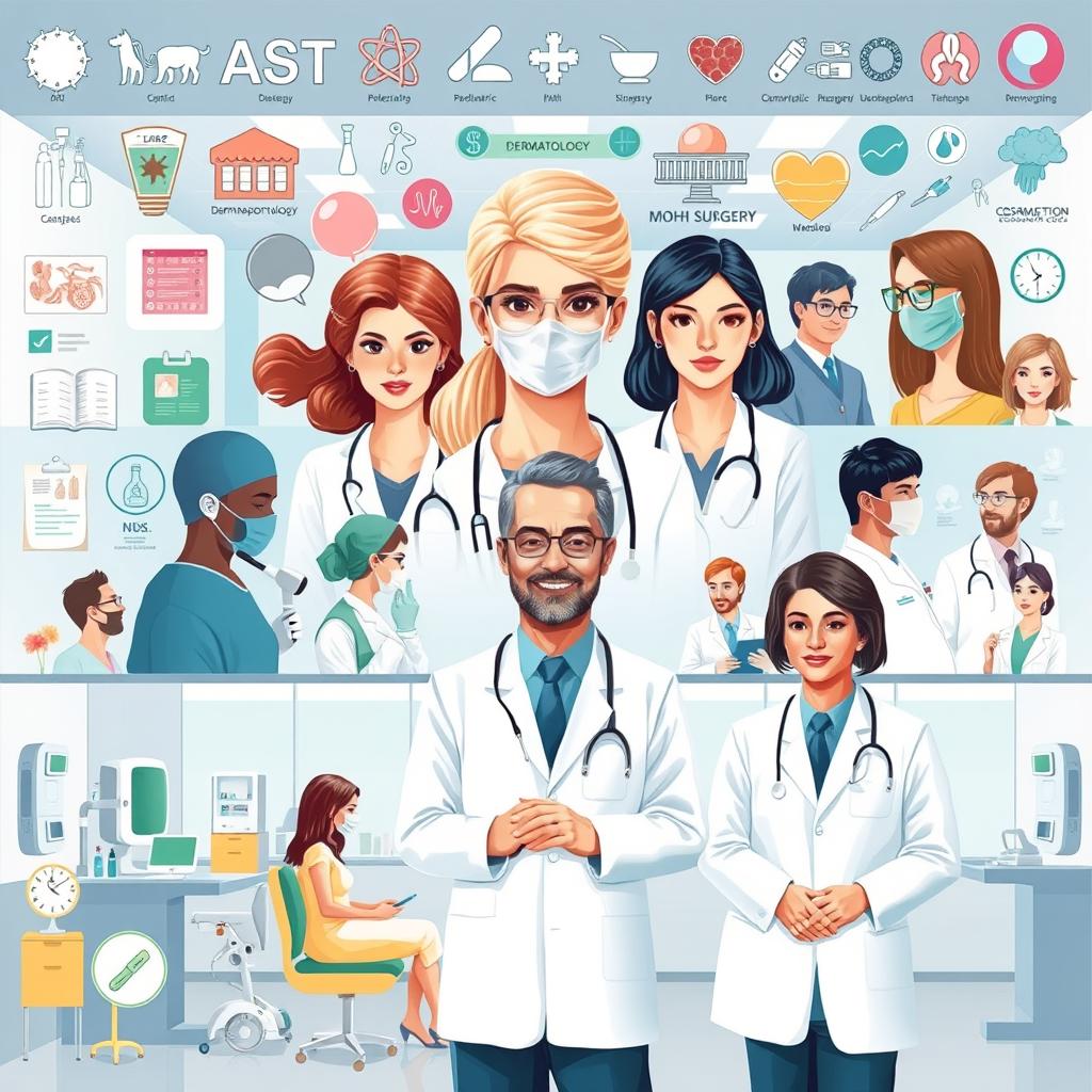 A vibrant, detailed illustration of various dermatology specialties. In the foreground, a collage of icons and symbols representing different medical disciplines like dermatopathology, pediatric dermatology, cosmetic dermatology, and Mohs surgery. In the middle ground, portraits of diverse dermatologists at work, using specialized instruments and examining patients. The background features a clinical setting with examination tables, diagnostic equipment, and soothing lighting. The overall composition conveys the comprehensive, multifaceted nature of modern dermatological care.