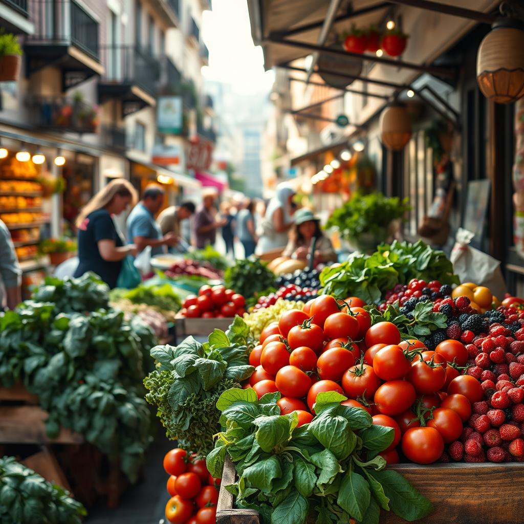 A vibrant farmers market scene, featuring an array of fresh produce and healthy snacks. In the foreground, a wooden stall overflows with ripe tomatoes, crisp greens, and colorful berries. In the middle ground, patrons browse the stalls, selecting locally-grown, organic ingredients. The background is a bustling urban street, with pedestrians and buildings creating a lively, community-oriented atmosphere. Warm, natural lighting bathes the scene, emphasizing the vibrancy and wholesomeness of the healthy food options. The overall composition conveys a sense of abundance, accessibility, and the ease of finding nutritious, locally-sourced sustenance within the urban landscape.