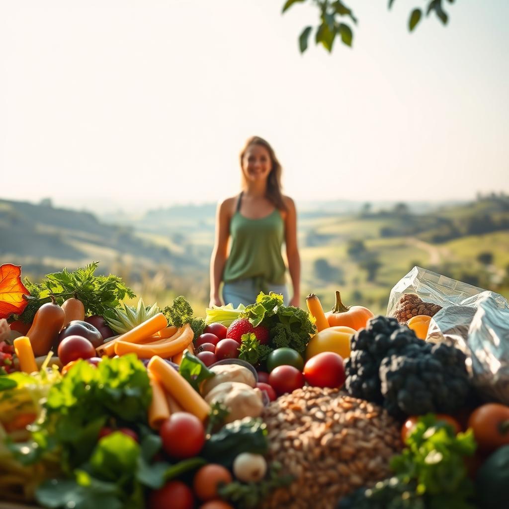 A vibrant, lush scene showcasing the diverse benefits of clean eating. In the foreground, a bountiful spread of fresh, colorful produce - crisp vegetables, ripe fruits, and hearty whole grains. Soft, diffused lighting illuminates the scene, casting a warm, inviting glow. In the middle ground, a person stands in a serene, natural setting, radiating health and vitality. Their posture is relaxed, and their expression is one of calm contentment. In the background, a picturesque landscape unfolds, with rolling hills, lush greenery, and a clear, cloudless sky. The overall atmosphere is one of balance, nourishment, and a deep connection to the natural world.