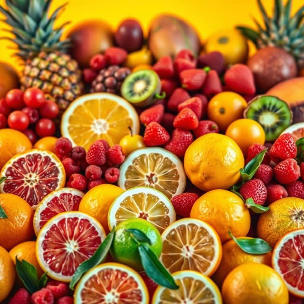 A vibrant still life with a medley of energy-boosting fruits, illuminated by warm, natural lighting. In the foreground, a variety of citrus fruits – juicy oranges, tangy grapefruits, and zesty lemons – are arranged artfully. In the middle ground, clusters of ruby-red berries, such as strawberries and raspberries, burst with sweetness. In the background, a mix of tropical fruits, including pineapple, kiwi, and mango, add a touch of exotic vibrancy. The composition is balanced, with the fruits' colors and textures complementing each other seamlessly. The overall mood is one of freshness, vitality, and a sense of nourishment, perfectly capturing the essence of "Fruits That Fuel Your Day".