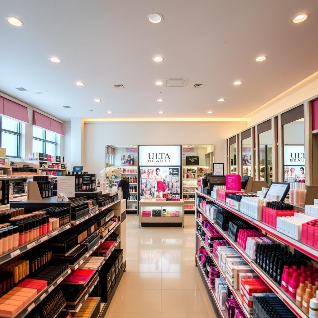 A vibrant, well-lit interior of an Ulta Beauty store, showcasing the meticulously curated layout. In the foreground, rows of neatly arranged makeup, skincare, and fragrance products line the shelves, inviting customers to explore. The middle ground features a central display of the latest beauty trends and exclusive collections, drawing the eye towards the store's diverse offerings. In the background, a sleek and modern decor with clean lines and warm lighting creates a welcoming atmosphere, complemented by strategically placed mirrors that reflect the store's bright and airy ambiance. The image captures the essence of an Ulta Beauty store, where high-quality products and exceptional customer service converge to provide a premium shopping experience.