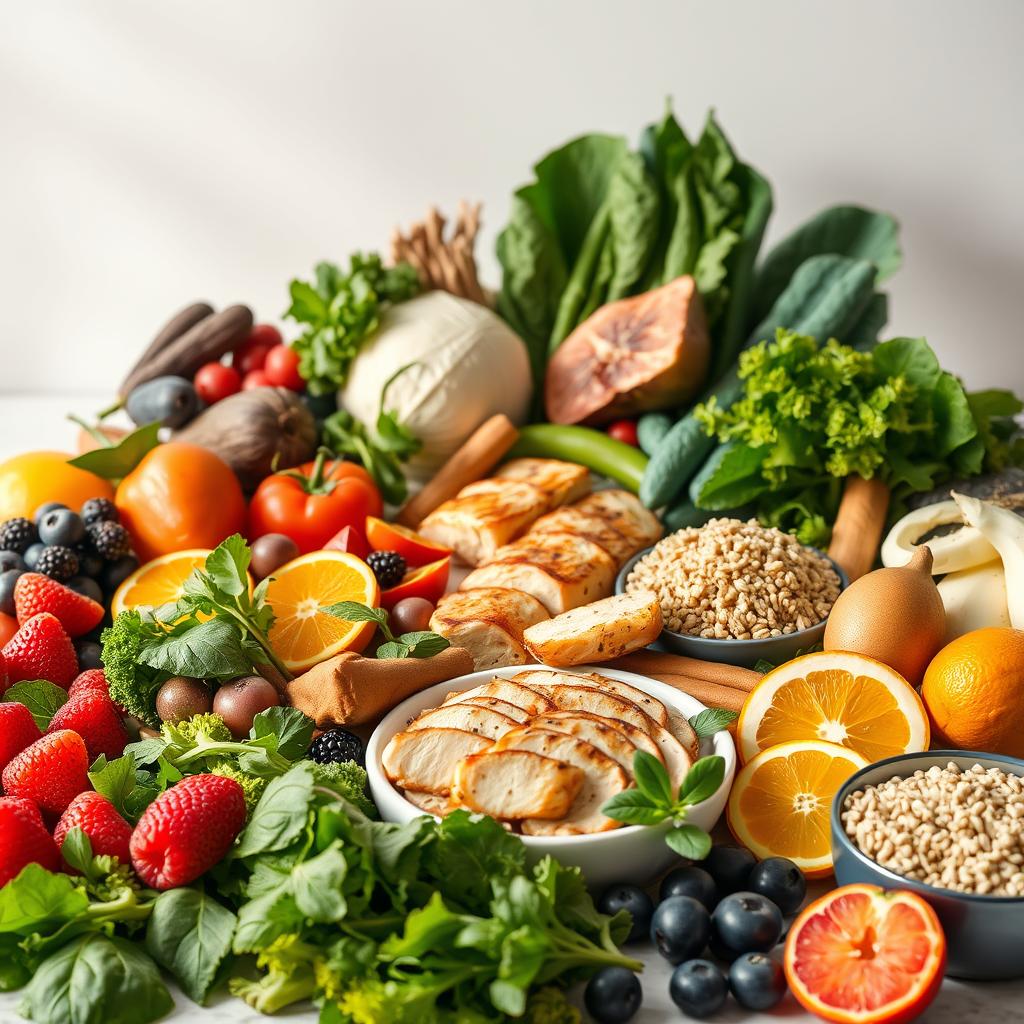 A visually appealing still life image showcasing an assortment of nutrient-dense, weight loss-promoting foods. In the foreground, an array of fresh produce including leafy greens, berries, citrus fruits, and cruciferous vegetables, all arranged in a natural, artful composition. In the middle ground, lean protein sources such as grilled chicken, salmon, and tofu, complemented by whole grains like quinoa and brown rice. The background features a minimalist, soft-focus setting with natural lighting, emphasizing the healthful, wholesome nature of the selection. The overall mood is one of vibrant, clean, and balanced nourishment, conveying the idea of a daily meal plan for optimal weight management.