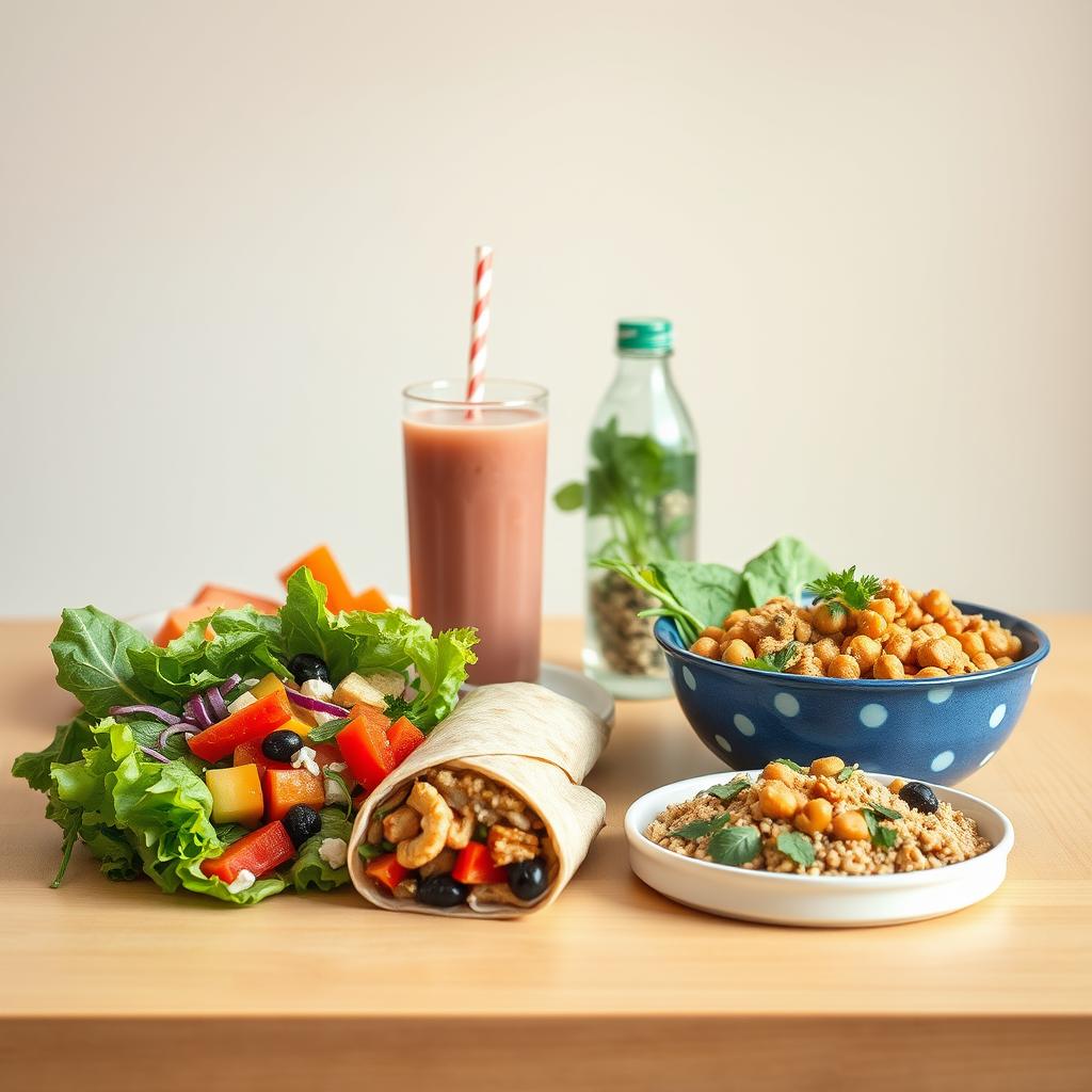 A well-lit, high-resolution image of a diverse selection of healthy fast food options presented on a clean, minimalist wooden table. In the foreground, a colorful array of freshly prepared meals including a hearty salad with crisp greens, vibrant vegetables, and a light dressing, a whole-grain wrap stuffed with lean protein and crunchy veggies, and a bowl of savory quinoa topped with roasted chickpeas and fresh herbs. In the middle ground, a refreshing smoothie made with real fruit and Greek yogurt, and a bottle of infused water. The background features a simple, neutral-toned wall, creating a calm, inviting atmosphere that emphasizes the natural, wholesome nature of the food. The overall composition should convey a sense of balance, nutrition, and accessibility, reflecting the idea of "healthy fast food" that fuels the body with goodness.