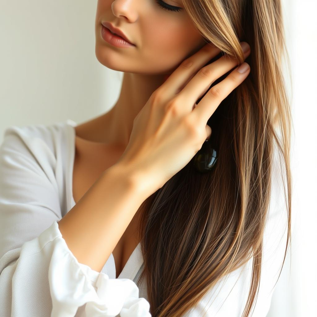 A woman's hands carefully applying hair oil from the roots to the ends of long, flowing hair. Soft, natural lighting illuminates the scene, highlighting the shine and smoothness of the hair. The woman's expression is one of focus and care as she massages the oil into her scalp, creating a soothing, relaxing atmosphere. The background is slightly blurred, drawing the viewer's attention to the intricate details of the hair oiling process. The image captures the transformative power of hair oils, conveying a sense of nourishment, rejuvenation, and radiant, healthy hair.
