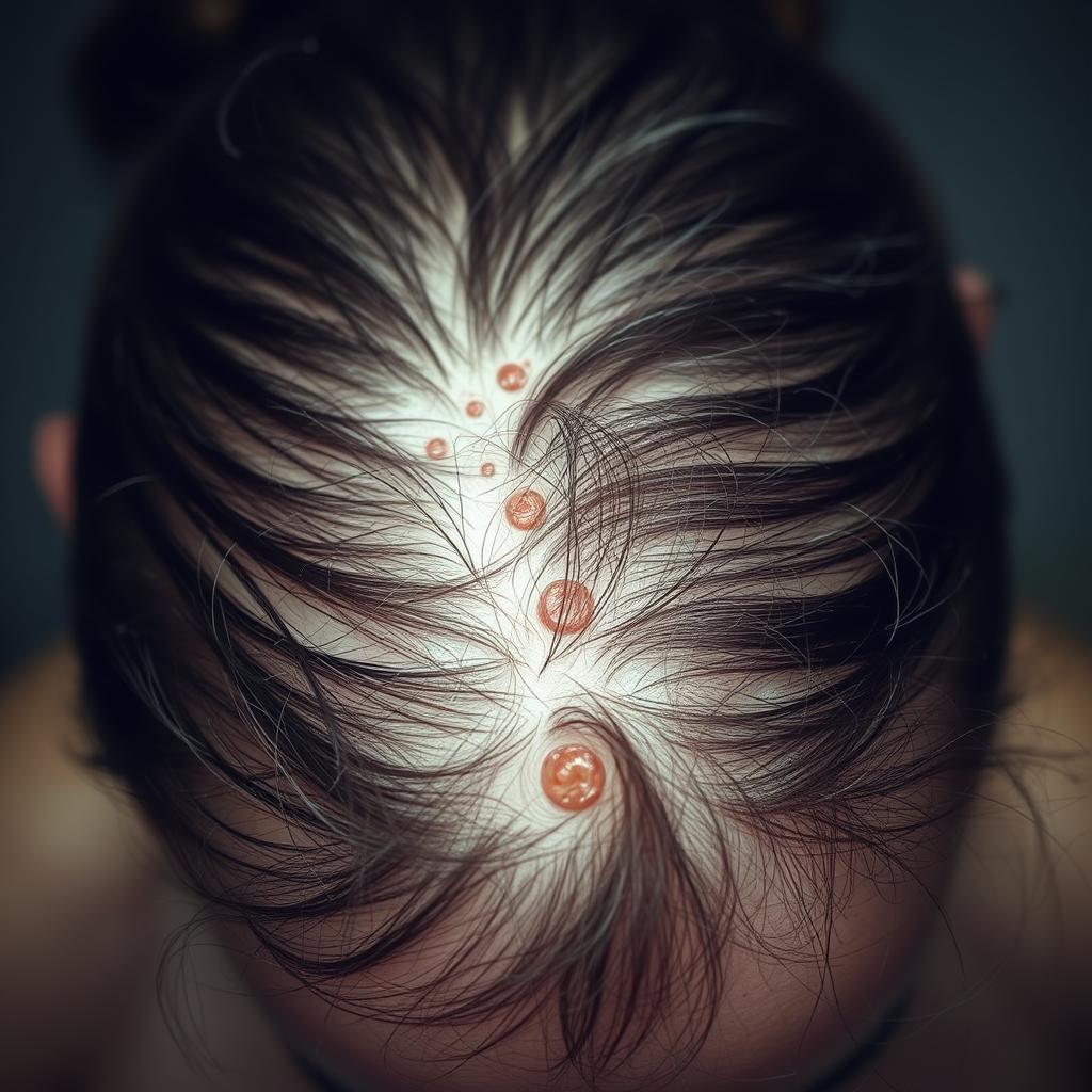 A woman's scalp, close-up view, showing visible hair loss and thinning, with strands of hair clumped together and scattered across the scalp. The skin appears dry and irritated, with redness and inflammation. The lighting is soft and diffused, creating a sense of vulnerability and unease. The background is blurred, keeping the focus on the damaged scalp. The overall mood is one of distress and concern, emphasizing the detrimental effects of overwashing on hair health.