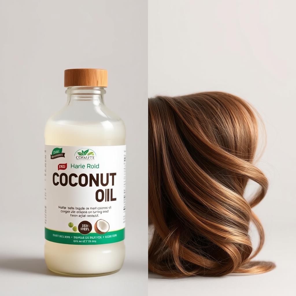 An image of a bottle of coconut oil next to a lock of dry hair and a lock of healthy, shiny hair