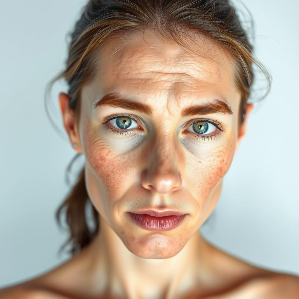 Close-up detailed illustration of various human skin types and concerns, including dry, oily, combination, sensitive, and acne-prone skin. Rendered in a realistic style with high-resolution photorealistic textures and subtle lighting to emphasize the intricate details of pores, blemishes, and skin imperfections. Positioned in the center of the frame against a clean, minimalist background to draw the viewer's full attention to the skin analysis. Captured from a slightly elevated angle to provide an engaging, informative perspective.