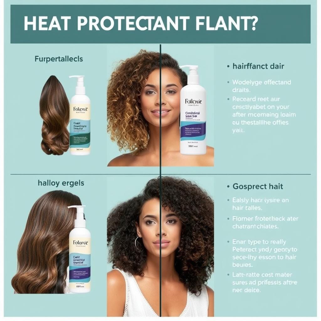 Generate an image comparing different heat protectant products for various hair types.