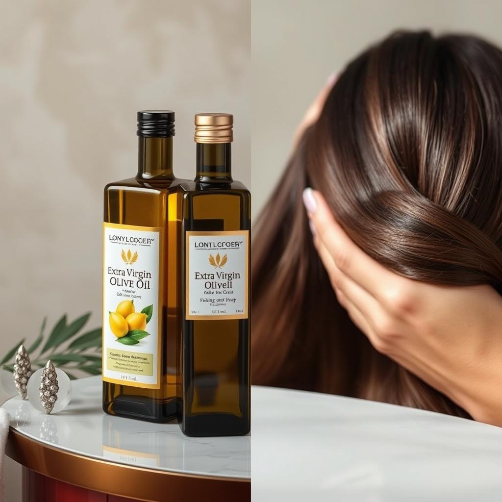 Generate an image of a bottle of extra virgin olive oil next to a hair care product or being applied to hair.
