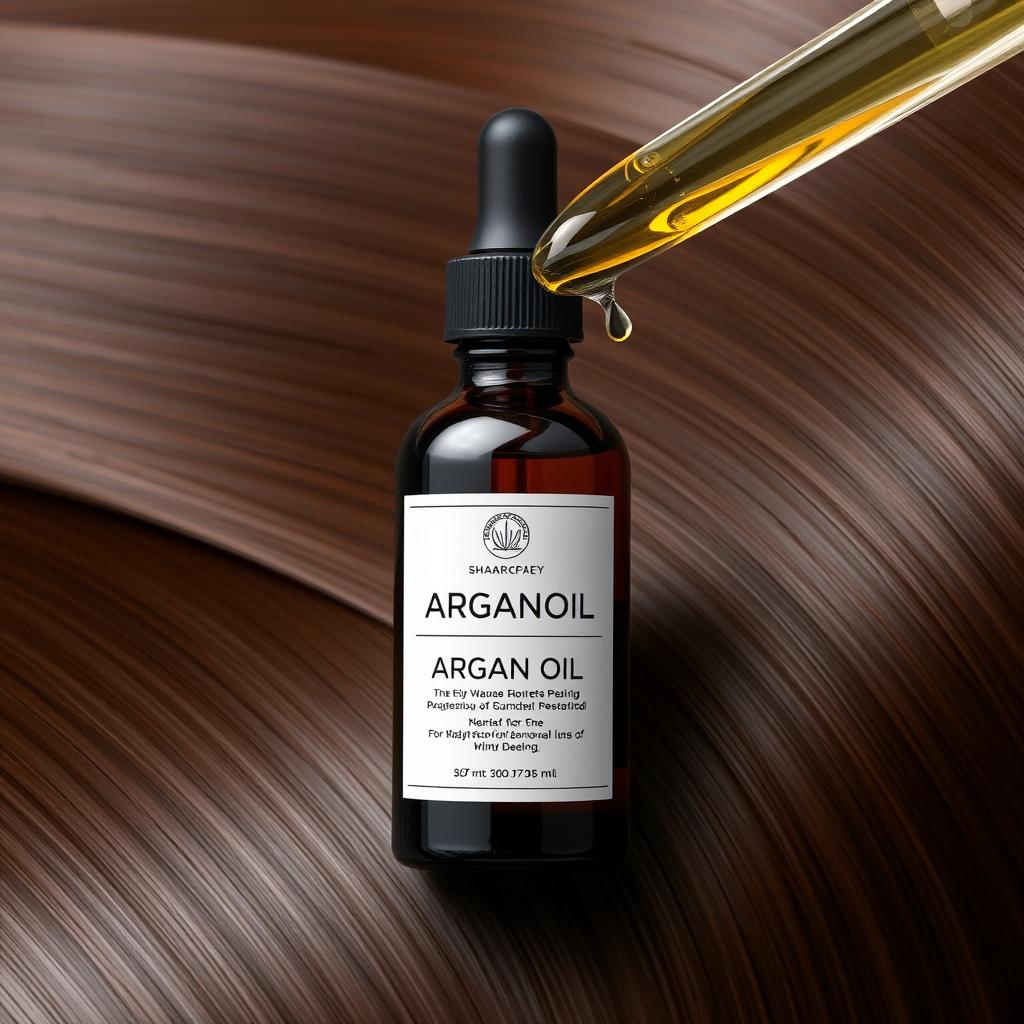 Generate an image of a bottle of pure argan oil for hair, with a few drops spilled onto a hair strand, highlighting its nourishing effects.