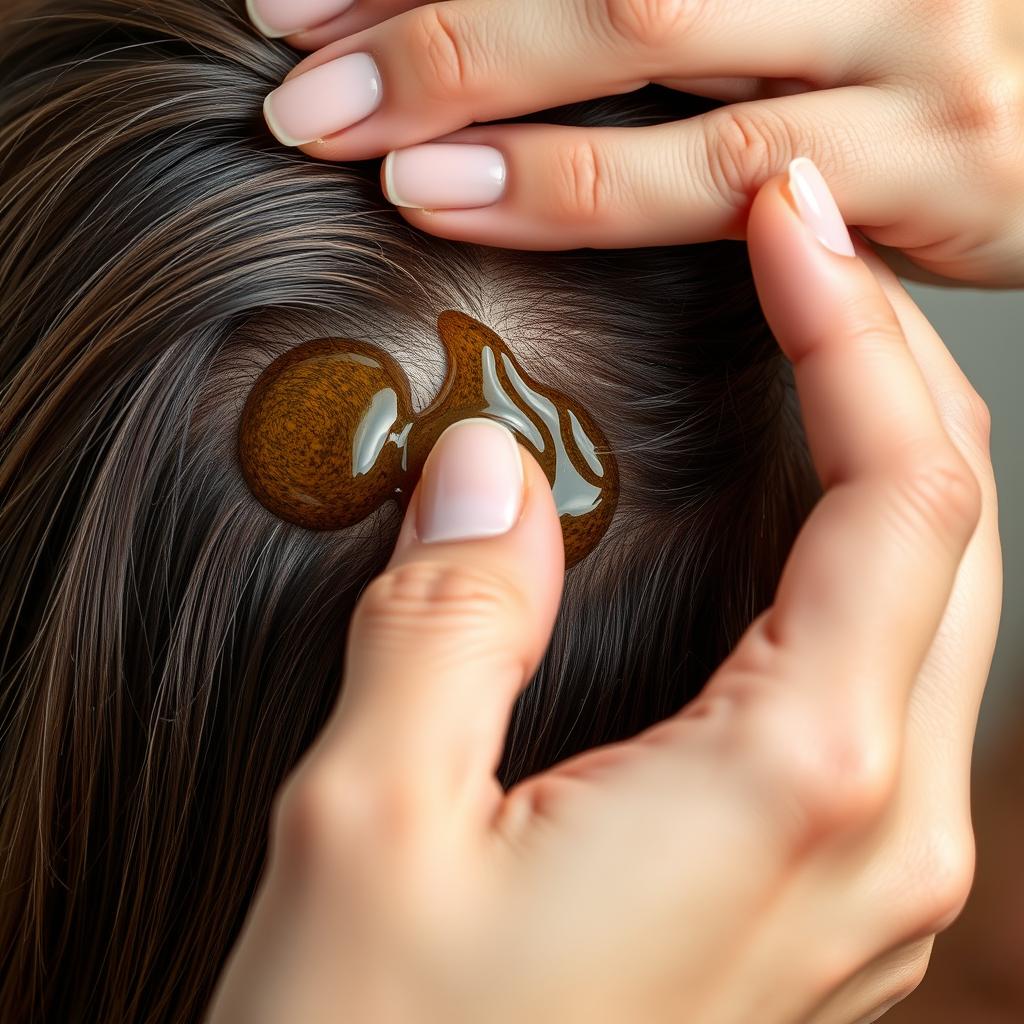 Generate an image of a person applying jojoba oil to their hair, with a focus on the scalp.