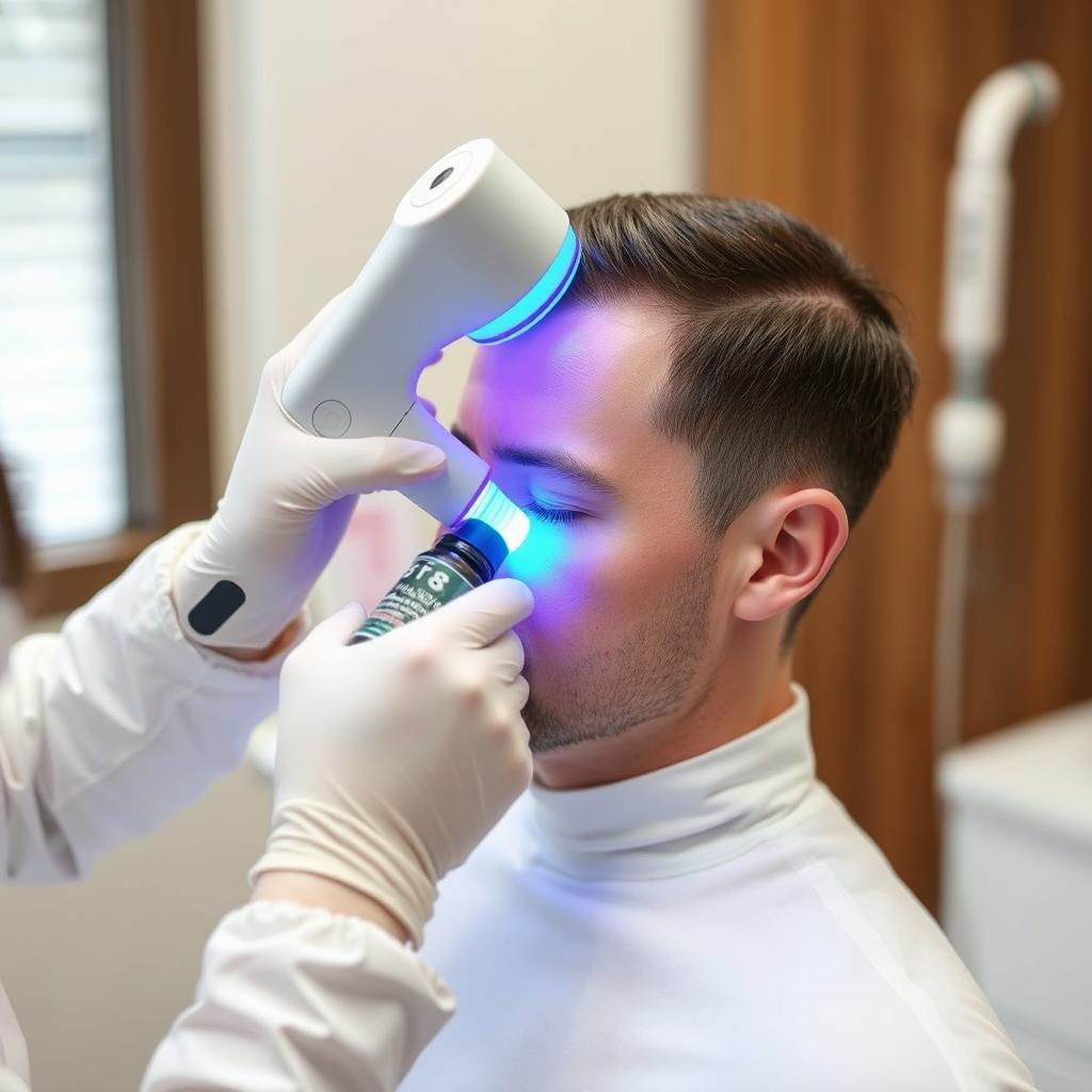 Generate an image of a person undergoing the F8 Hair Regrowth Treatment, with a technician applying the laser technology and hair growth serum to their scalp.