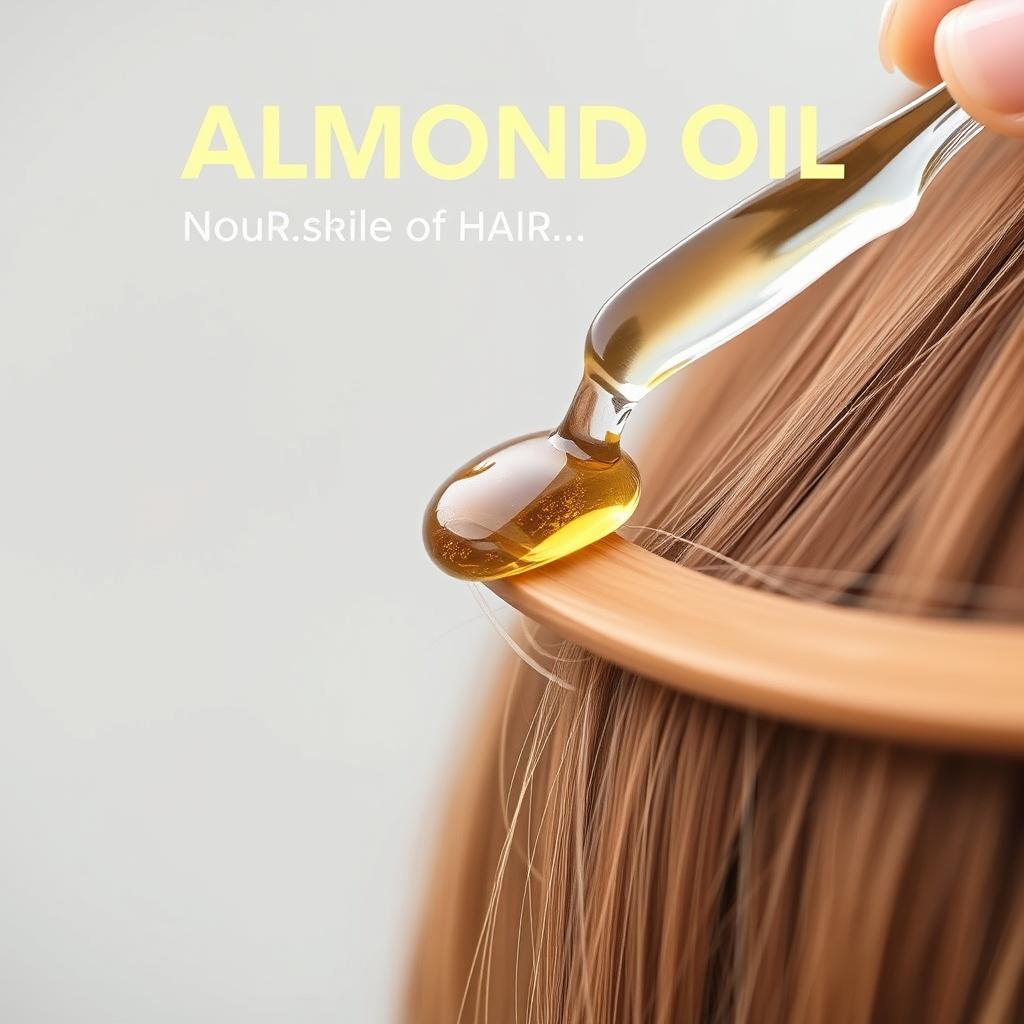 Generate an image of almond oil being applied to a hair strand, highlighting its nourishing effects.