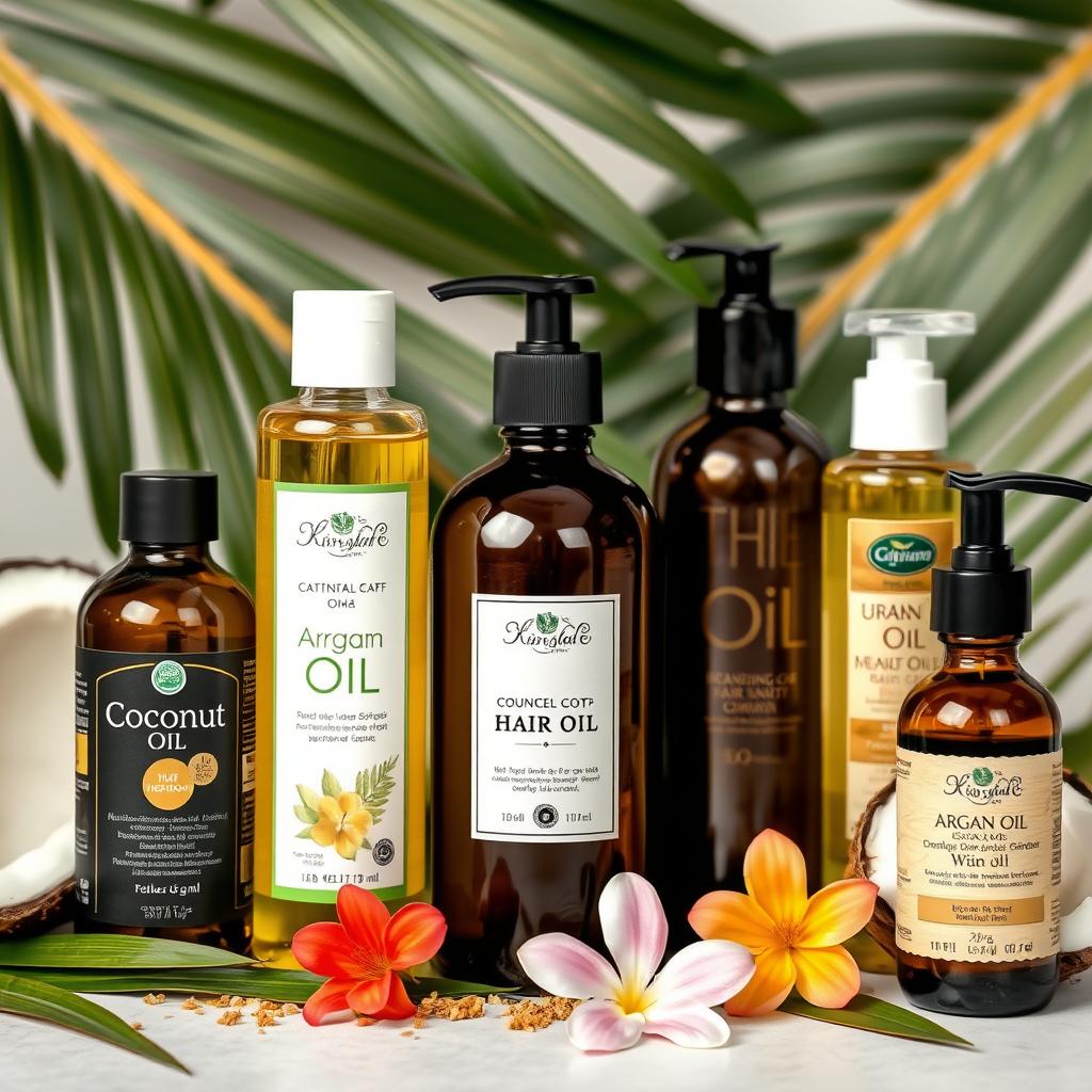 Generate an image of different nourishing hair oils like coconut oil and argan oil.