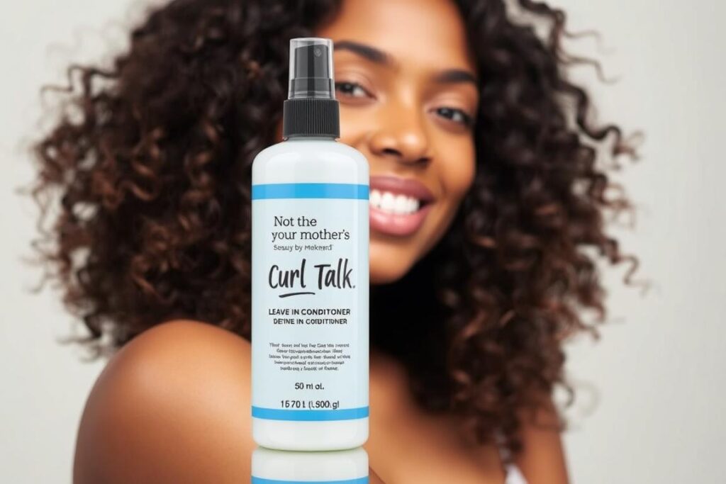 Not Your Mother's Curl Talk Leave-In Conditioner bottle with defined curls in background Not Your Mother's Curl Talk Leave-In Conditioner bottle with defined curls in background