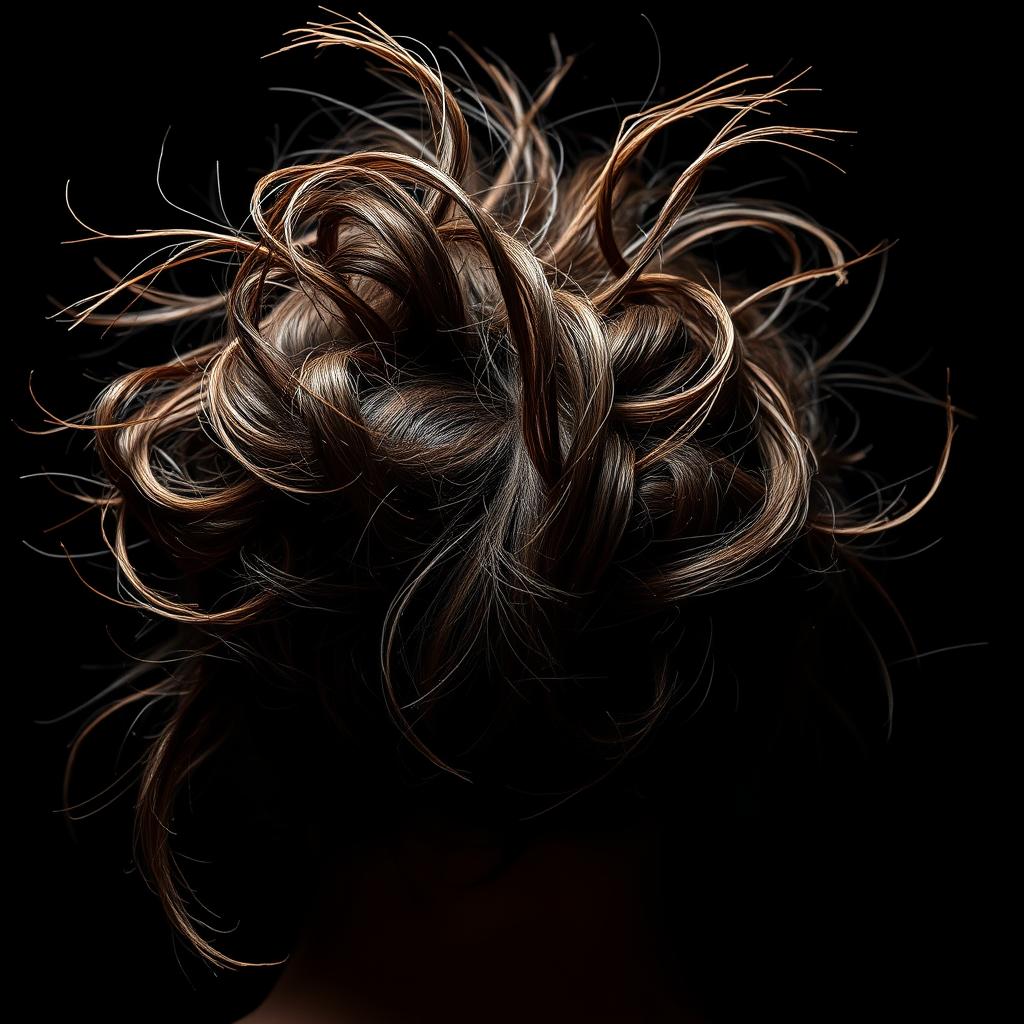Strands of hair, scorched and split, curl tightly in disarray. Dry, brittle ends fray and break under the harsh glare of vibrant studio lighting. Wispy, fried flyaways fan out from the roots, creating a halo of damage around a once-healthy head of hair. The scalp is visible through sparse, weakened strands, a testament to the toll of relentless heat styling. A moody, desaturated color palette conveys the lifeless, lifeless quality of the hair. Dramatic, high-contrast shadows cast an ominous, foreboding mood, heightening the sense of distress and deterioration.