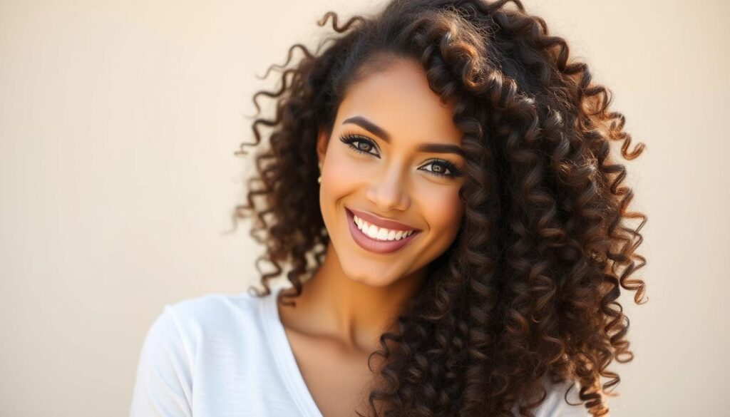 Woman with healthy, defined curls after using leave-in conditioner Woman with healthy, defined curls after using leave-in conditioner